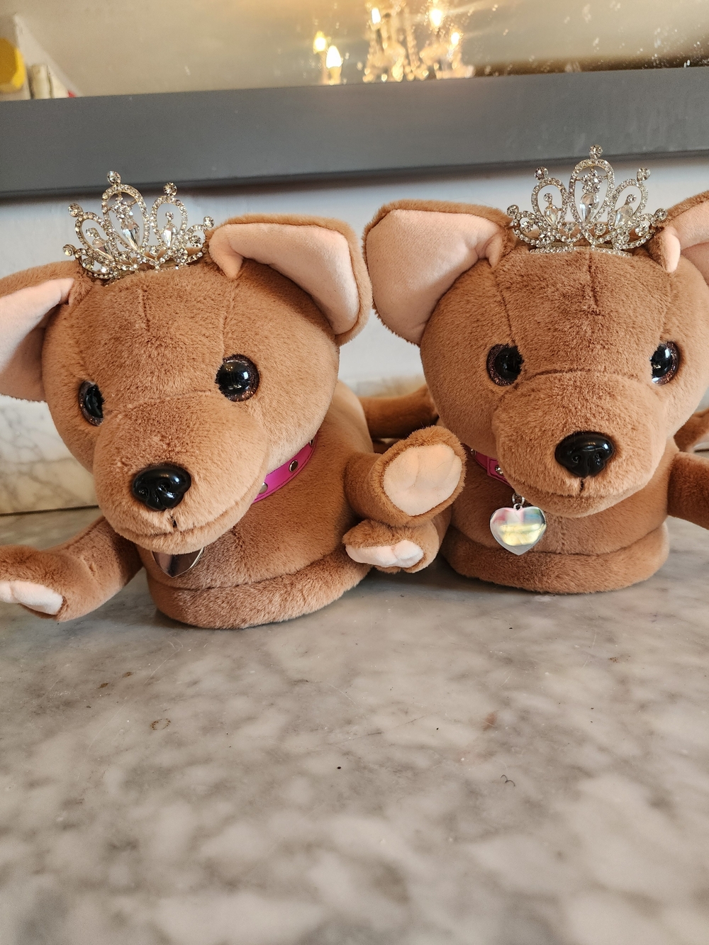 Dolls Kill Plush Brown Dog Slippers with Tiara & Heart Charm
